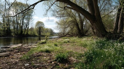 Spring riverbank exploration riverbank photograph natural environment ground level realistic concept