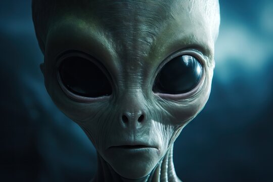 Extraterrestrial alien face close-up in blue light. Sci-fi concept of otherworldly life. Mysterious humanoid creature from outer space. Eerie encounter illustration for book cover or movie poster