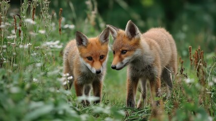 Fototapeta premium Fox cubs playing in wildflowers natural habitat realistic photograph outdoor setting close-up view nature's beauty