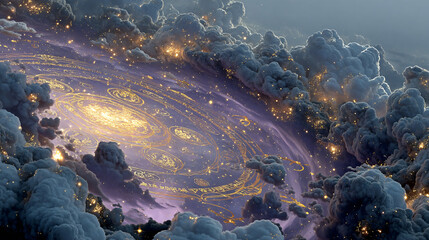Mystical Purple Galaxy with Glowing Runes and Stars Background