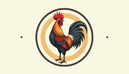 Rooster Emblem: A vibrant, stylized illustration showcases a regal rooster, a symbol of courage and vitality, set against a backdrop of concentric circles, evoking a sense of timeless charm.