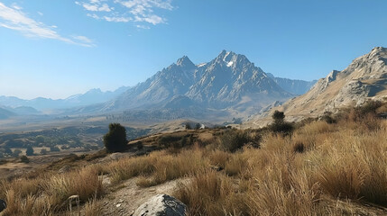 Mountainous Landscape With Dry Grassy Plains Under Sunny Sky