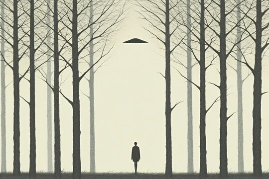 Mysterious ufo encounter in eerie forest. Alien spacecraft hovering above lone figure. Sci-fi concept artwork for book cover or poster design. Monochromatic illustration with copy space.