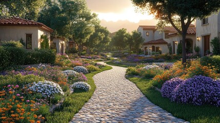 Obraz premium Serene Sunset Vista: A Picturesque Cobblestone Path Meandering Through a Vibrant Floral Landscape, Adorned with Charming Mediterranean-Style Villas