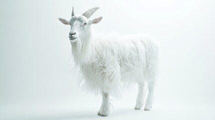Fototapeta premium A fluffy white goat stands against a backdrop.