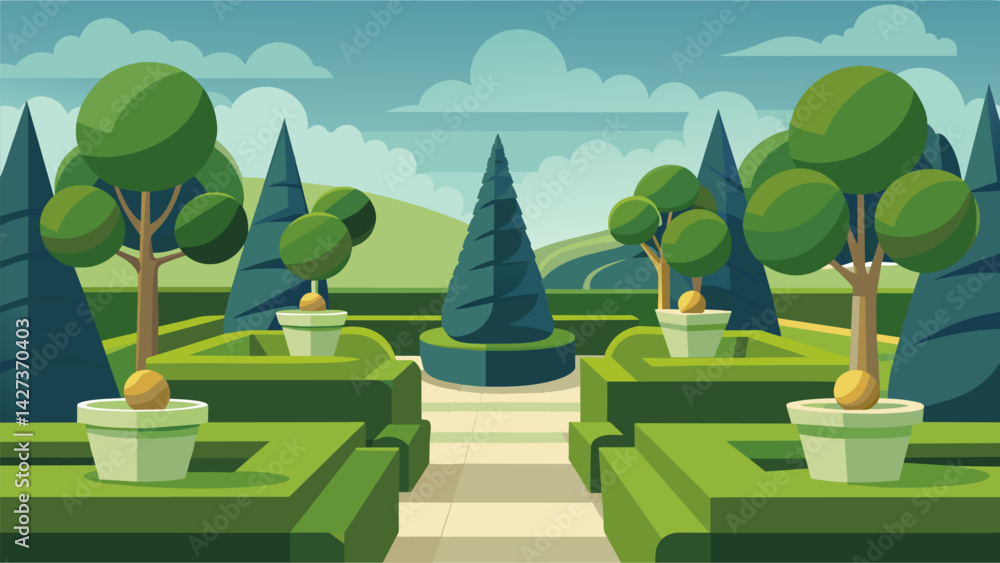 Poster crisp trimmed topiaries are strategically p throughout the space creating a sense of order and balan