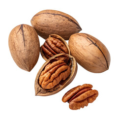 Whole pecan nuts featuring natural grooves and rich brown texture, ideal for food packaging, healthy snacks, or organic ingredient visuals, isolated on transparent background.
