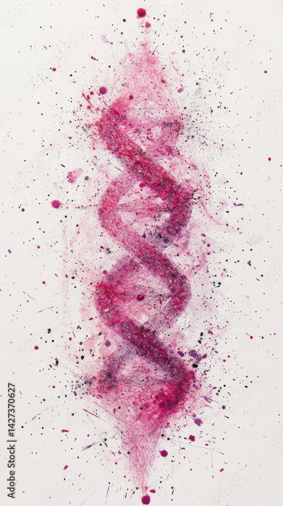 Poster a pink and black dna strand is splattered with paint. the splatter pattern is random and chaotic, gi