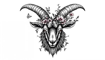 Floral Embellishment: A captivating portrait of a ram, adorned with a delicate floral crown, embodying the beauty of nature's intricate designs. 
