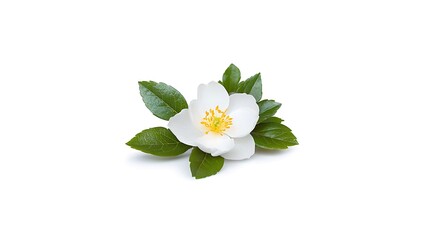 Obraz premium Delicate white flower with vibrant green leaves, isolated on white background