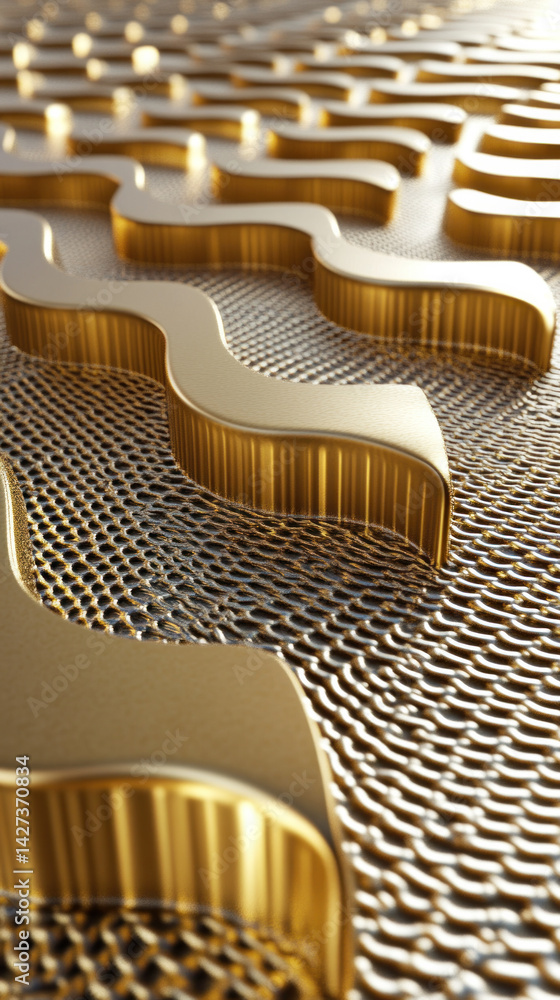 Poster the image is a gold and silver design with a lot of curves and lines. it has a modern and sleek look