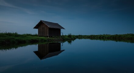 Small rustic wooden hut with thatched roof on grassy bank by calm water
