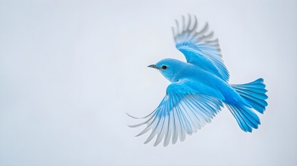 Obraz premium Blue Bird Flying in Air Against Soft White Background