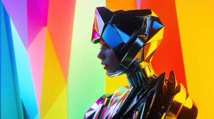 Cyber fashion portrait of a woman in angular, sci-fi origami outfit, chrome gloss, illuminated background of layered neon color stripes