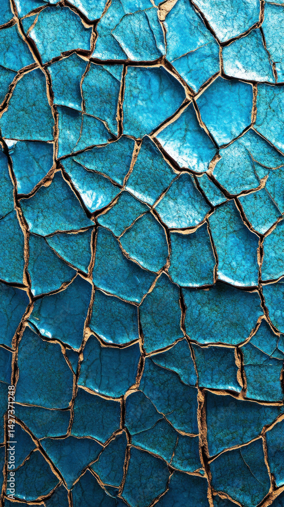 Poster the image is a close up of a blue and gold surface with a cracked and broken appearance. the blue an