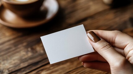A hand holds a blank white card above a rustic wooden table, with a coffee cup blurred in the background. Warm, inviting tones