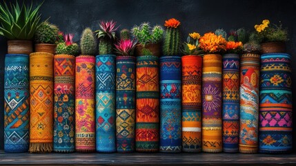 Fototapeta premium Vibrant Ethnic Textile Collection with Succulents