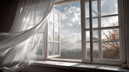 Blowing white curtains open window interior view calm environment natural light realistic photography