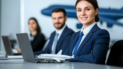 Obraz premium Confident business team in professional attire, focused on travel planning, using laptops and airplane model