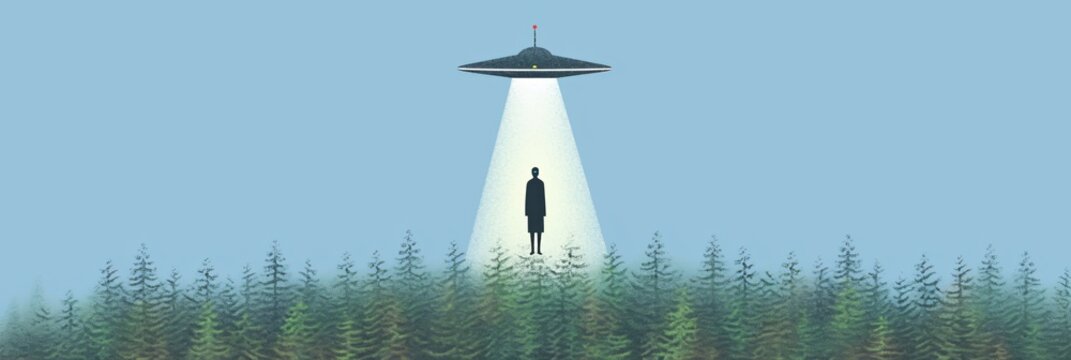 Ufo abduction scene over forest at night. Alien spaceship beam lifting human silhouette. Extraterrestrial encounter concept illustration for sci-fi story, movie poster or book cover