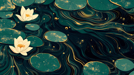 Isometric shell mosaic aquatic background with ripple waves, lily pads, cattails in jade green and cream gold for infographics or layouts. Hack Lily. Illustration