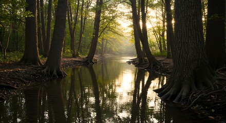 Obraz premium River Flowing Through Forest with Light Shining Through Trees Reflection