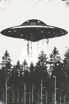 Ufo hovering over forest at night. Alien spacecraft abduction concept. Retro style black and white illustration for science fiction book cover or conspiracy theory poster