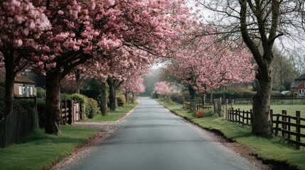 Fototapeta premium Tranquil spring journey country road realistic photograph lush environment perspective of serenity