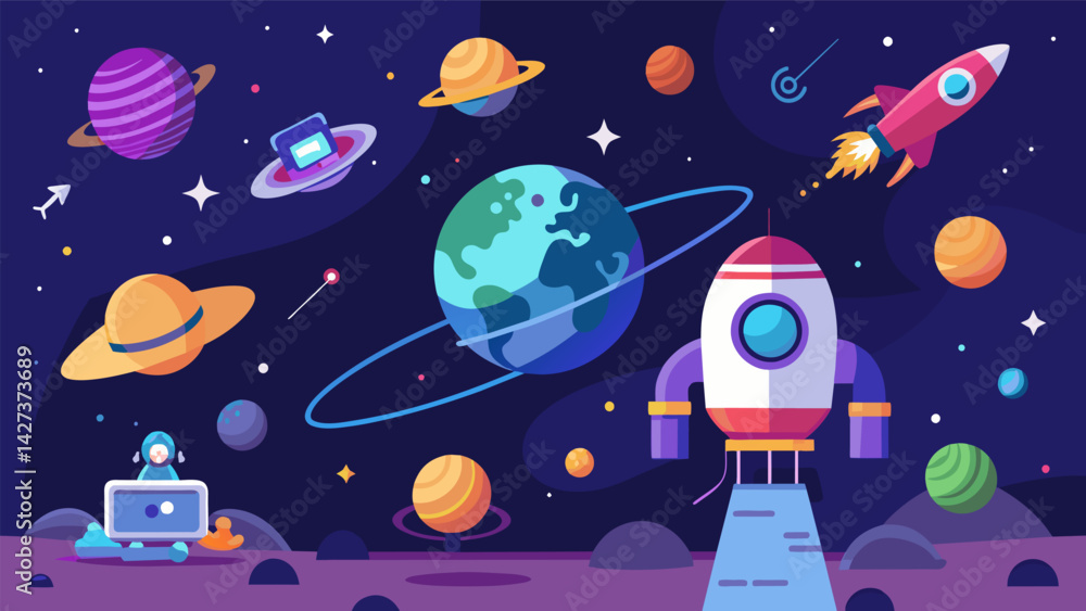 Poster a simulation game where players can design and launch their own satellites and explore the wonders o
