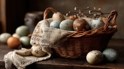 Decorative easter egg display cozy home realistic photography rustic setting close-up view painted details for seo impact