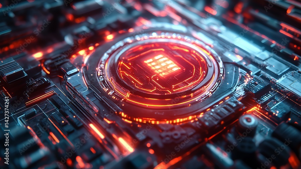 Aufkleber abstract futuristic technology circuit board red neon glowing lines digital art high tech background