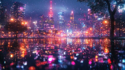 Obraz premium Night City Rain: A Cyberpunk Reflection