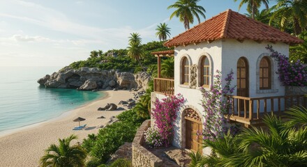 Fototapeta premium White beachfront house with red-tiled roof and arched windows on a sunny tropical beach