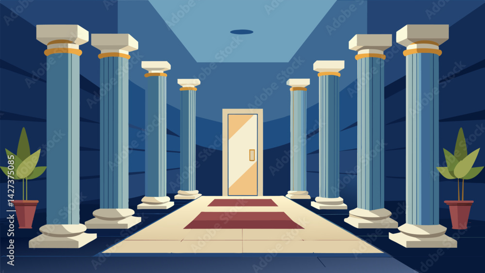 Poster sleek and elegant marble columns being positioned in the main lobby of the hotel adding a touch of s