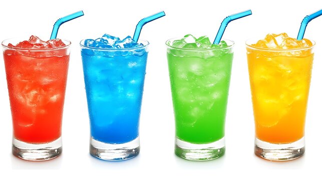Four glasses of vibrant, icy, colorful drinks with straws