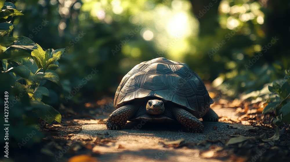 Aufkleber Tortoise slowly crossing a cobblestone path surrounded by lush greenery in a black and white setting during a calm afternoon