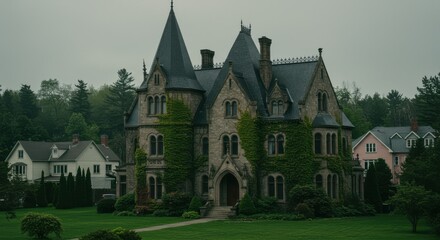 Fototapeta premium Grand stone mansion with turrets and ivy-covered windows in a lush, green landscape