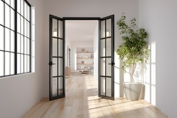 Interior view Modern white room with open black steel glass doors and potted plant