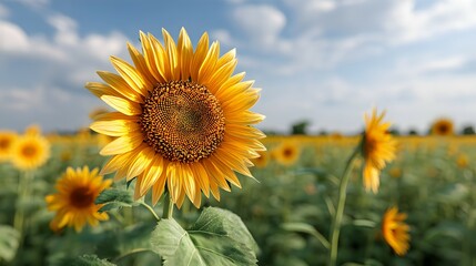 Obraz premium Sunny Sunflower Standing Tall in Field on a Bright Day With Blue Cloudy Sky