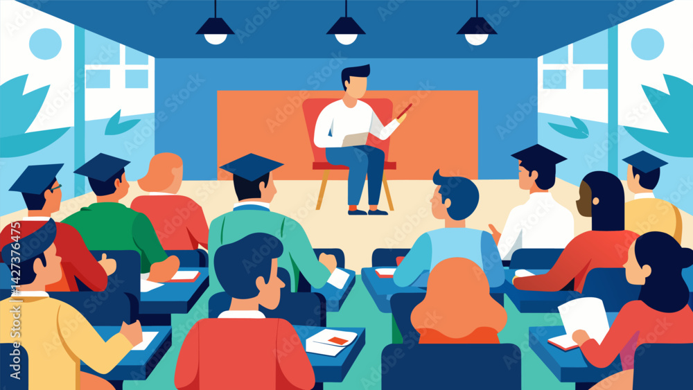 Poster an auditorium filled with students studying at a university while a small group of students are gath