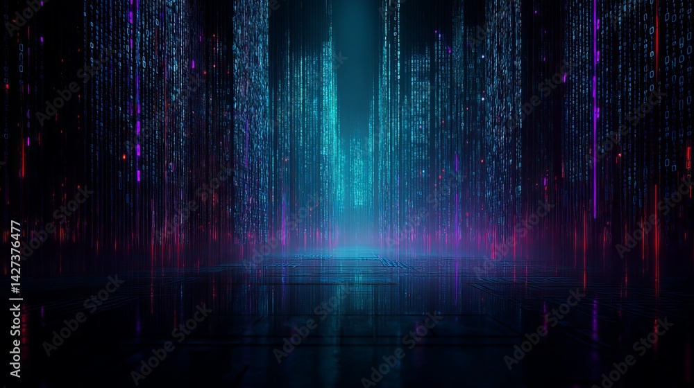 Poster abstract digital cityscape neon glowing lines futuristic technology background modern dark blue purp