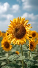 Obraz premium Vivid Yellow Sunflower Blooms in Field Under a Sunny Sky, Nature Photography
