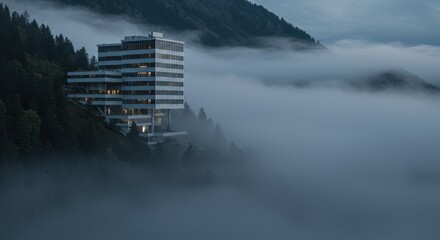 Modern multi-story building on hillside in dense coniferous forest with fog
