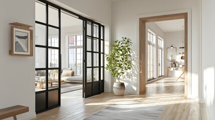 Fototapeta premium Bright Interior with Black Framed Glass Door, Hallway and Wooden Bench with Plant