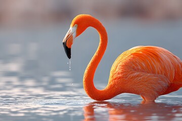 Fototapeta premium Vibrant Orange Flamingo Foraging in Water, Elegant Bird with Droplets Falling