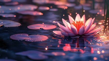 A luminous pink lotus blossom floats serenely amidst dark water and lily pads, illuminated by warm, sparkling light