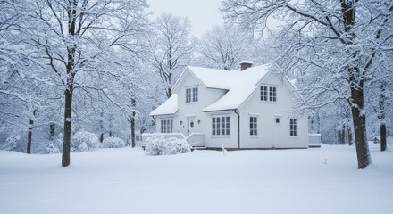 Naklejka premium Traditional two-story house in a serene snowy winter landscape