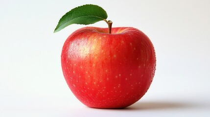 A vibrant red apple with a fresh green leaf, subtly speckled and glistening, against a clean white background