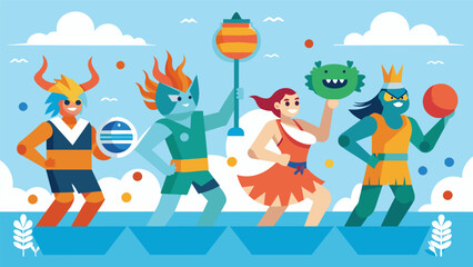 Creative team names and costumes add to the festive atmosphere as players battle for the ultimate title of water basketball champions.. Vector illustration