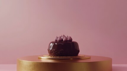 A dark chocolate dessert sits atop a golden pedestal against a muted pink backdrop, creating a luxurious and elegant presentation